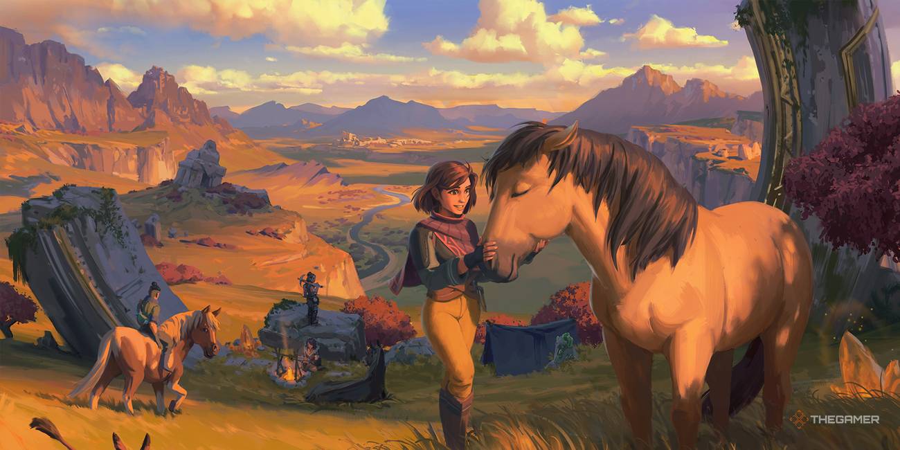 Palia A woman stroking a horse in the highlands while her friends camped behind her.