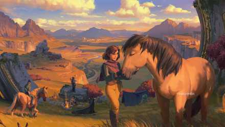 Palia A woman stroking a horse in the highlands while her friends camped behind her.