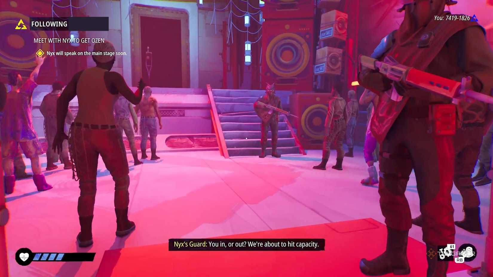 Players on the main stage waiting for Nyx to arrive at Tides of Tomorrow.