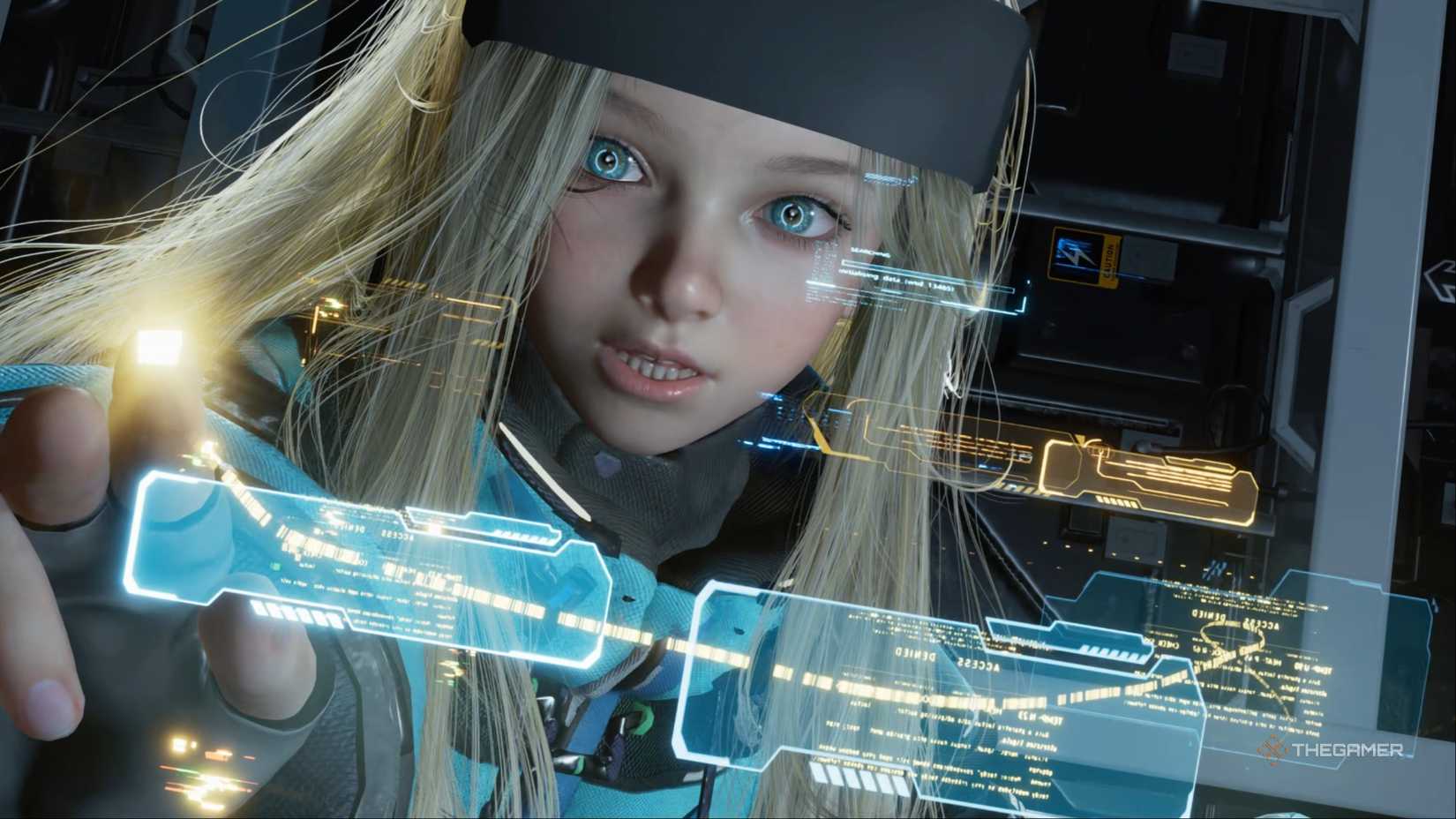 Diana runs her Overdrive on a large group of enemies in Pragmata.