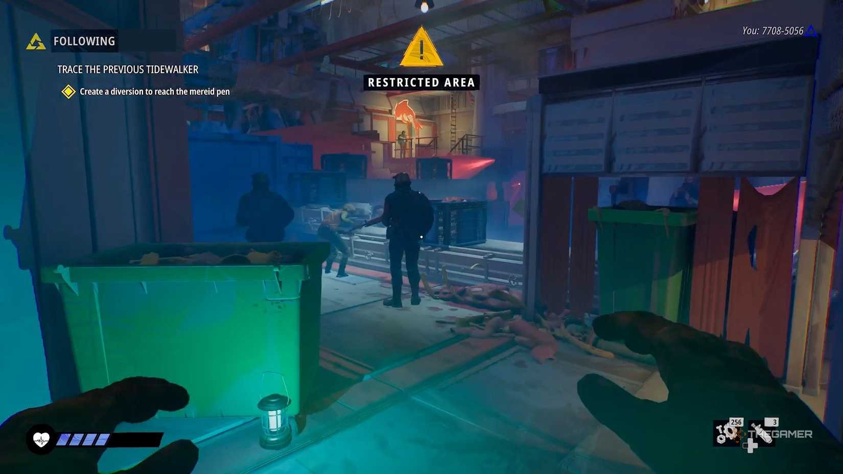 Protagonist sneaks up on guards near a green container in Tides of Tomorrow.