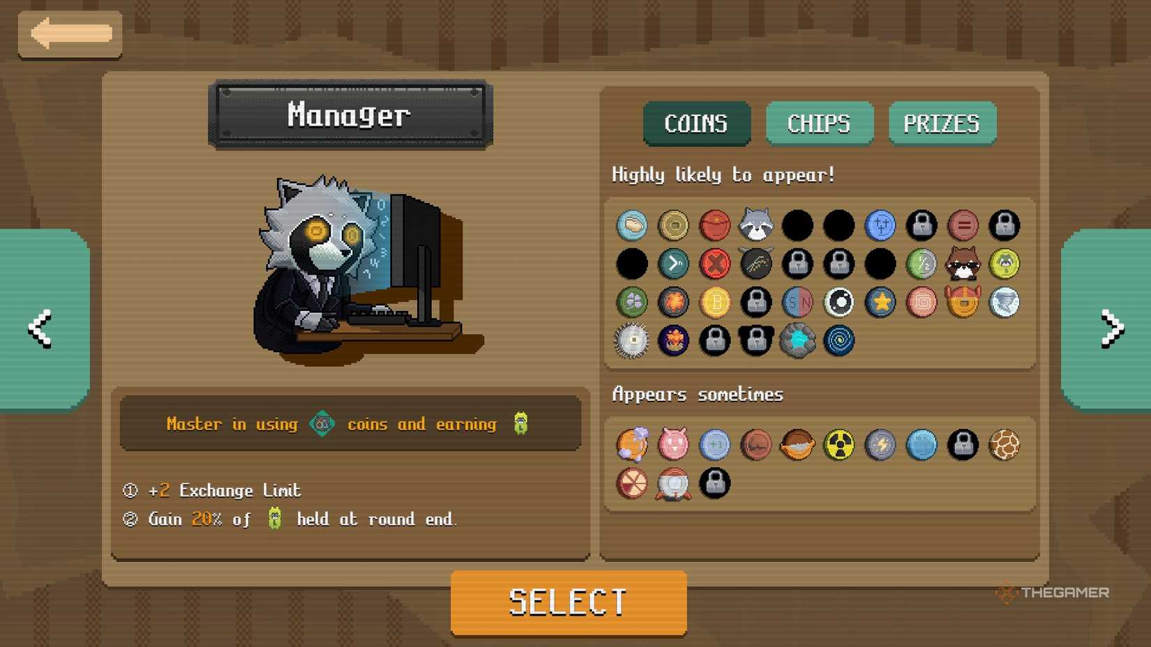 Manager in the Character Select screen in Raccoin.