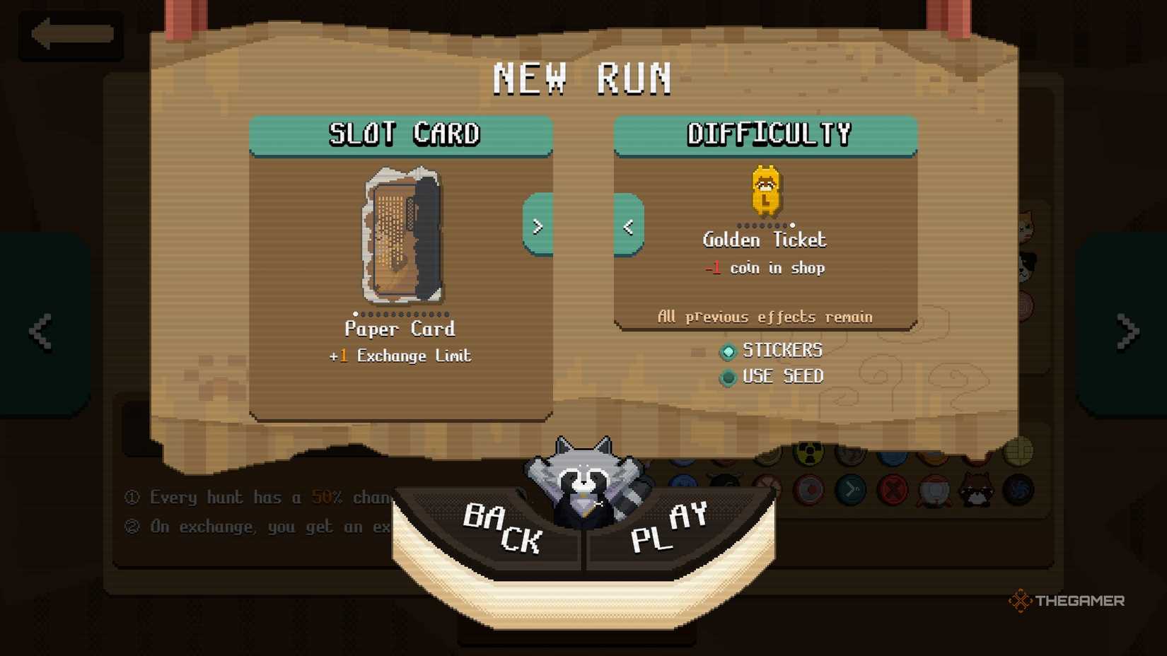 In the New Run menu, selecting the Golden Ticket difficulty in Raccoin.