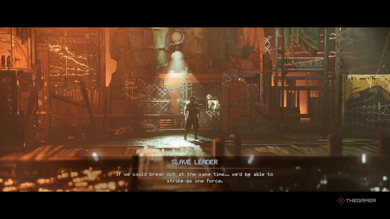 Talk to the slave leader in Replaced's cell.