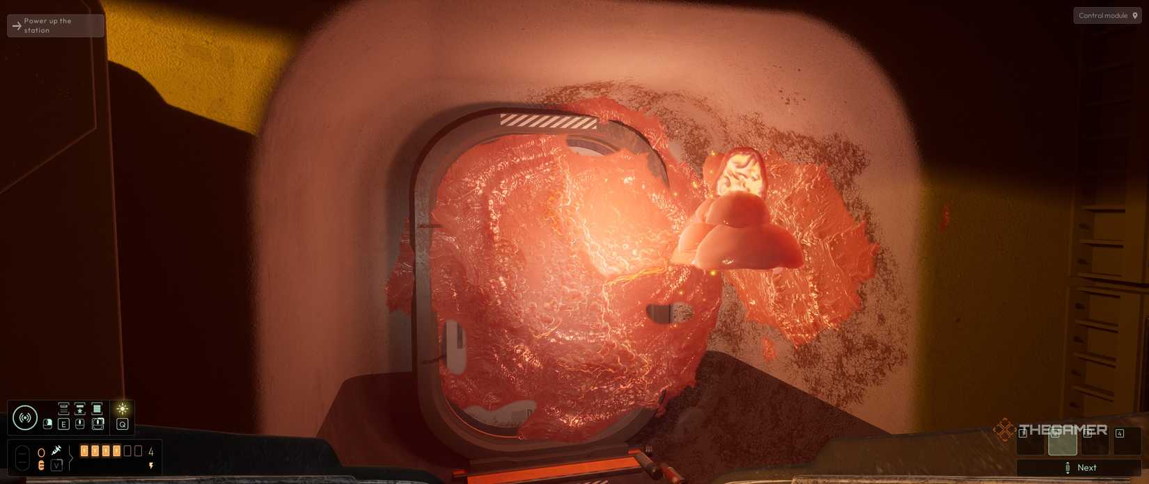 Red moss covering the walls and doorways of the Cthulhu space abyss.