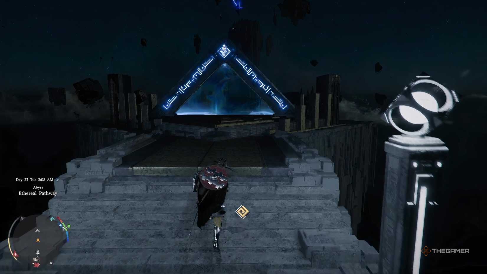 Runs to the Skygate to begin the Root's End Abyss puzzle quest in the Crimson Desert.