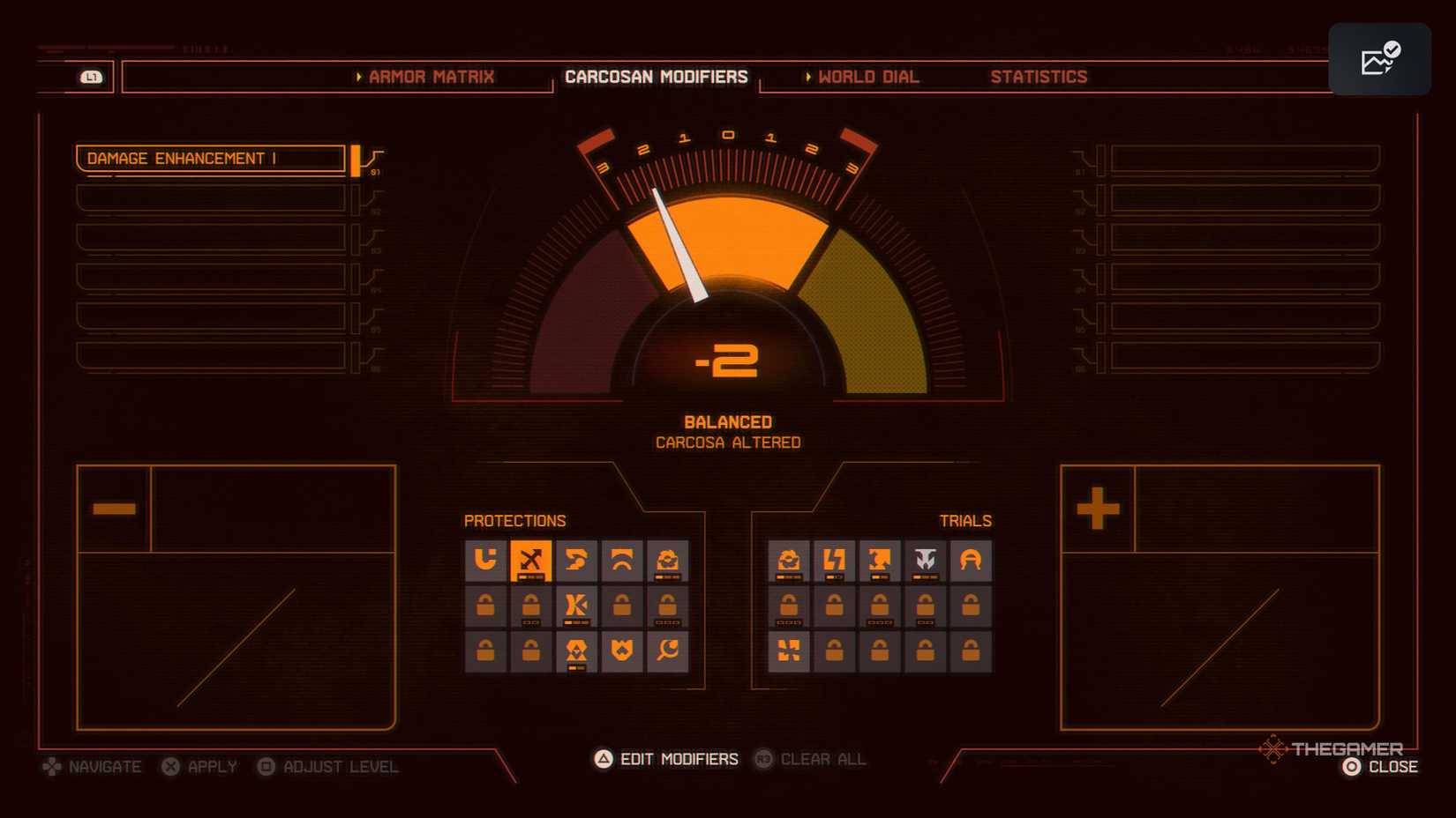 Saros Karkosan modifier menu with balance scale.