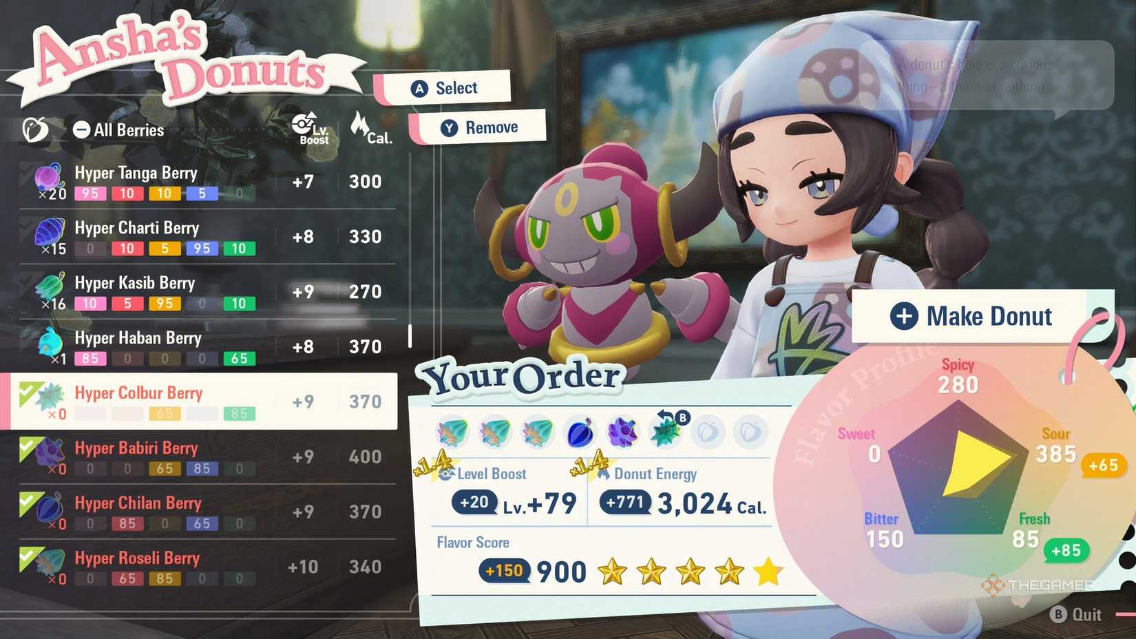 Výběr vzácných plodů v Pokemon Legends: ZA Mega Dimension DLC k výrobě koblih v Ansha's Donuts.