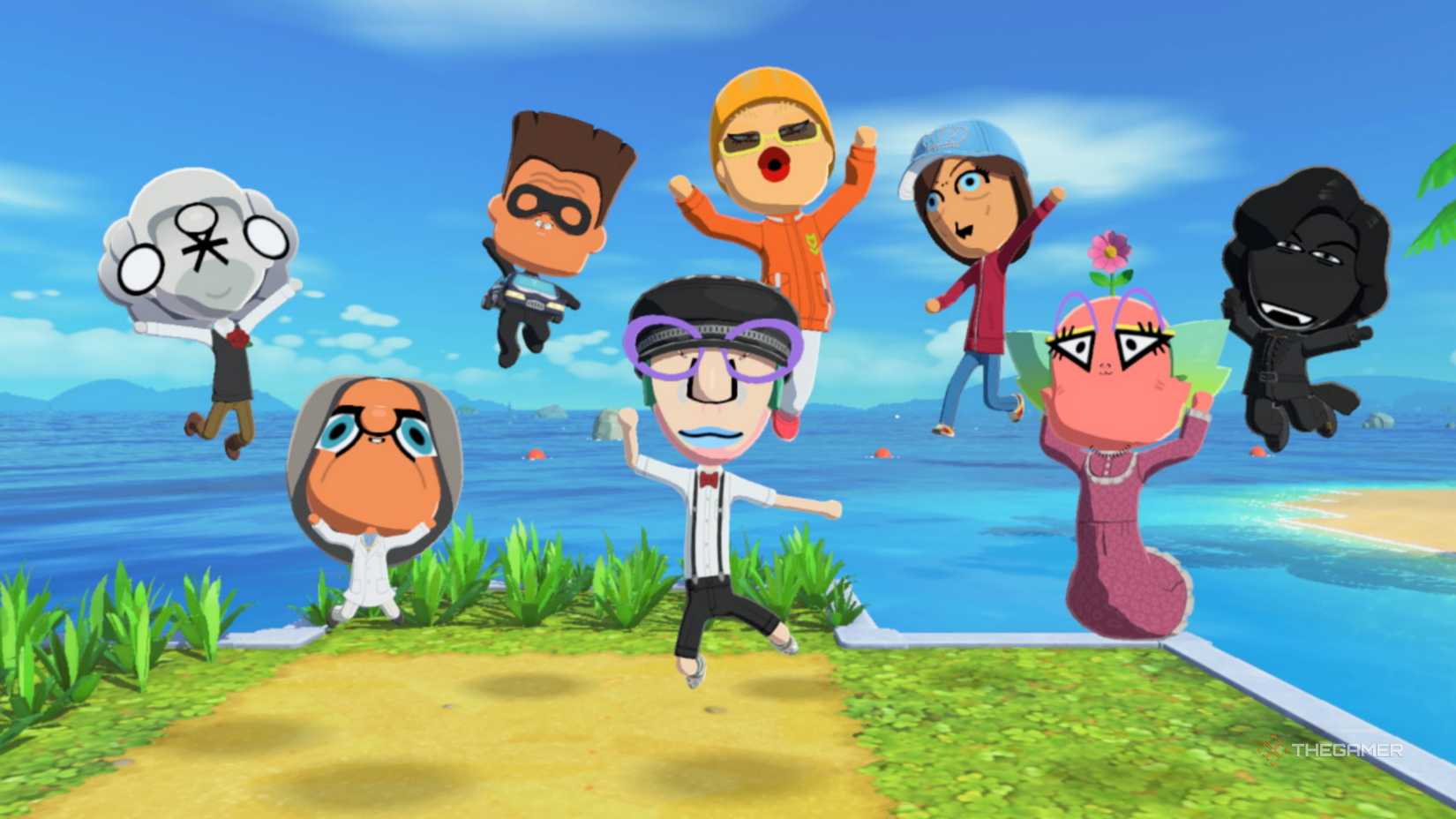 Several Miis jump on a photo in Tomodachi Life Living the Dream.