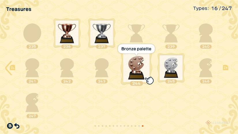 Many unlocked trophies on Tomodachi Life Living the Dream in the Treasures item list page.