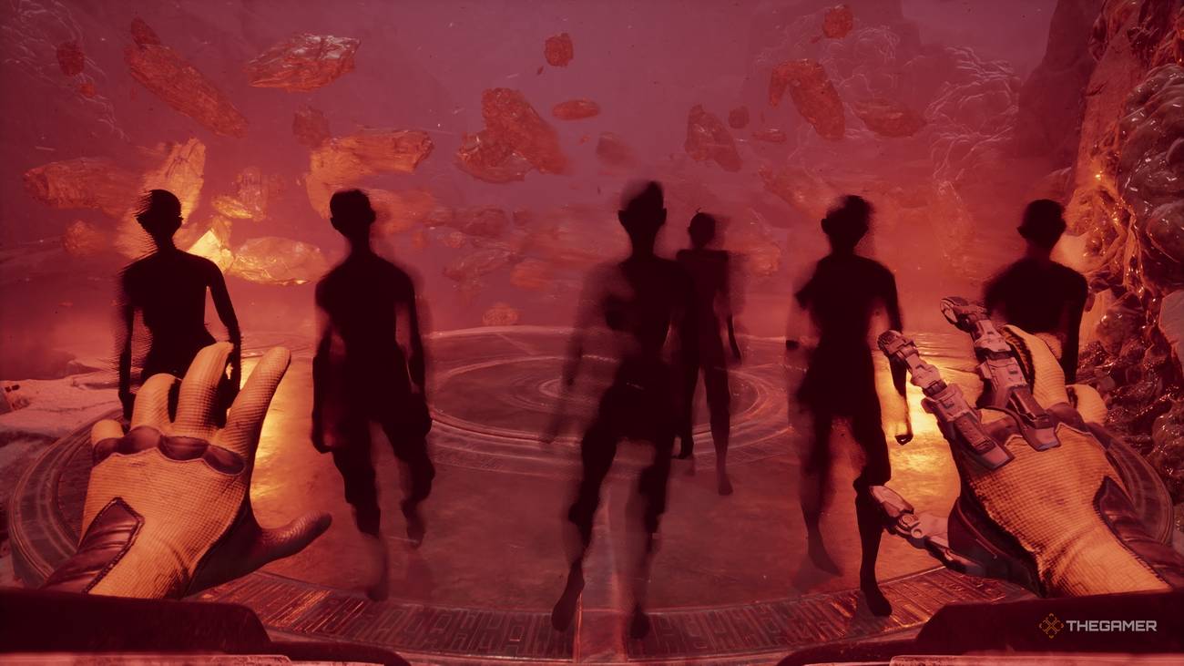 A shadowy figure staring at the player against an ominous red background in Cthulhu The Cosmic Abyss.