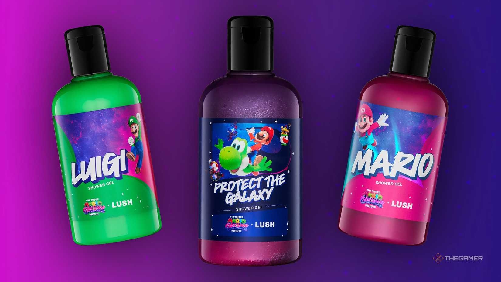 Shower gels from the Lush x Super Mario Galaxy collection.