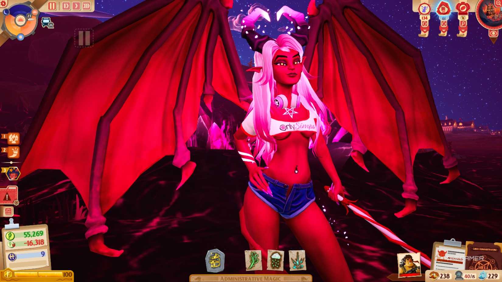 Lust demon Sintopia in short shorts and crop top. 