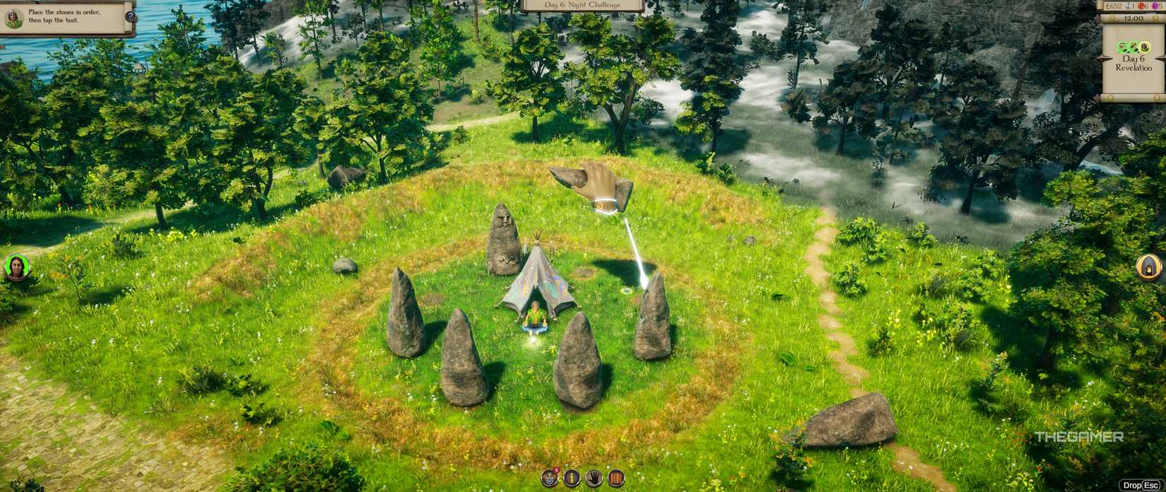 Planting a stone in the stone circle around the hippies and the tent in Masters of Albion.