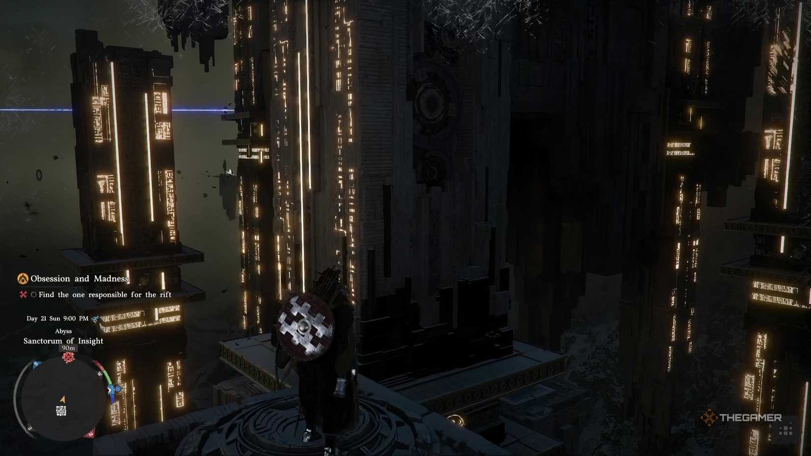 Standing in front of the Crimson Desert Obsession and Madness mission pillar.