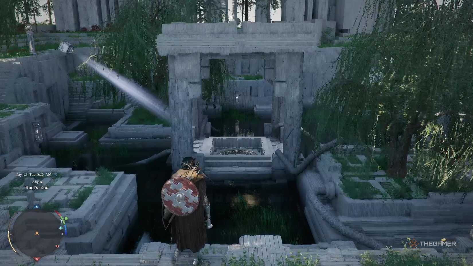 The central area with gazebo grates you need to reach in the Root's End Abyss puzzle quest in the Crimson Desert.