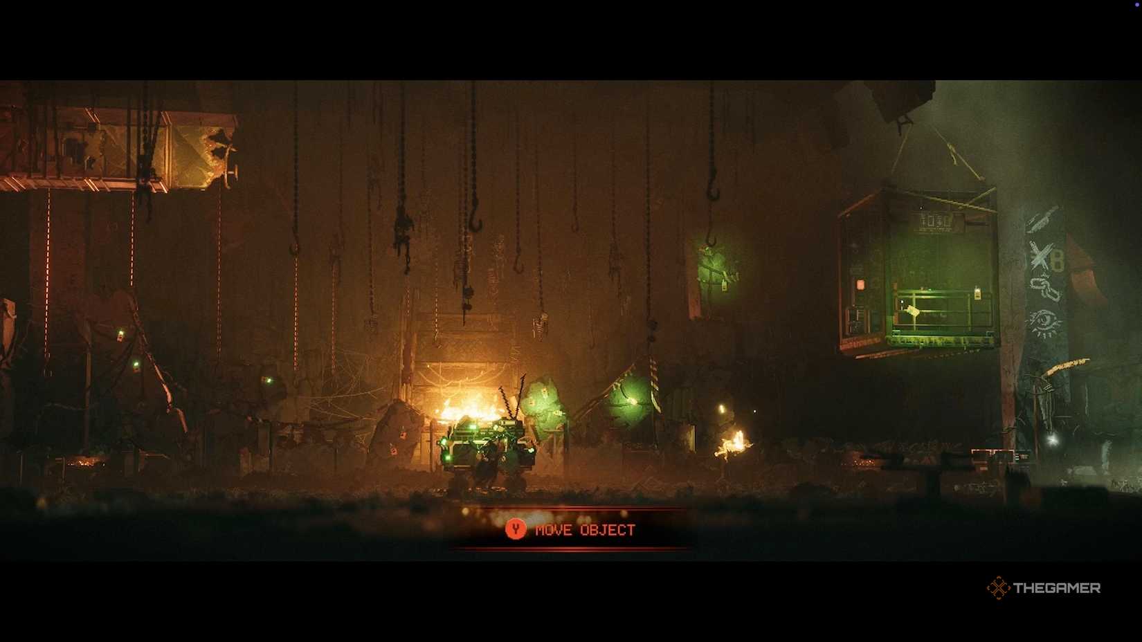 The green cart in the center of the screen lights up the right side of the room when replaced.