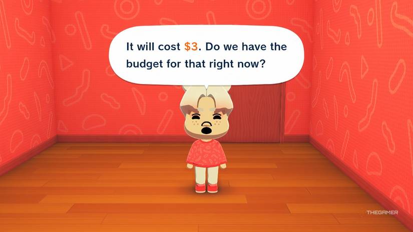 Dream of living the Tomodachi Life A Mii asking for three dollars in the red room.