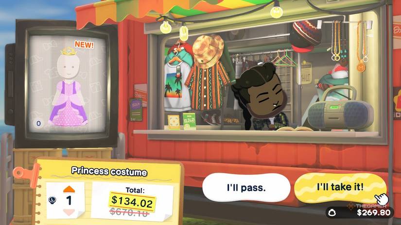 Tomodachi Life Living the Dream Buying a princess dress from the market.