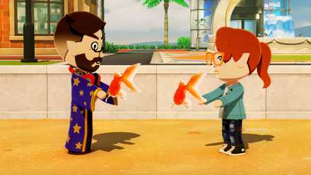 Tomodachi Life Living The Dream Two miis एक अर्कालाई सुनौलो माछा देखाउँदै..jpg