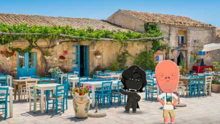Two Miis on vacation in the Mediterranean in Tomodachi Life Living the Dream.