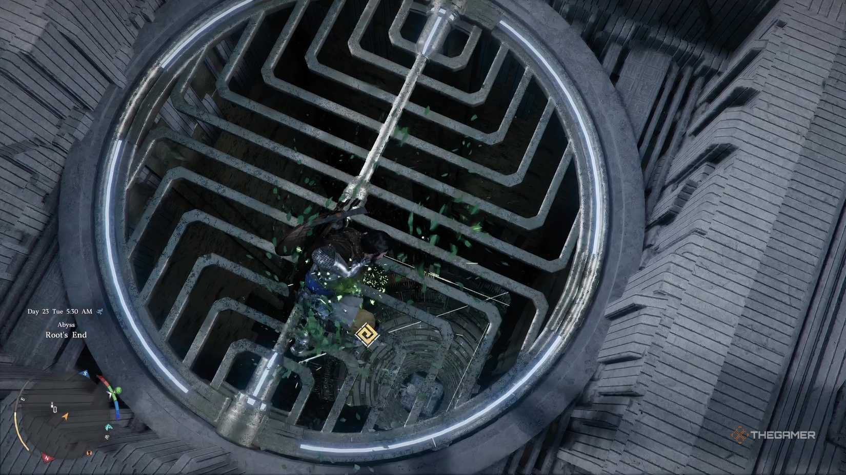 Use the Force Palm on the metal grating in the Root's End Abyss puzzle mission in the Crimson Desert.