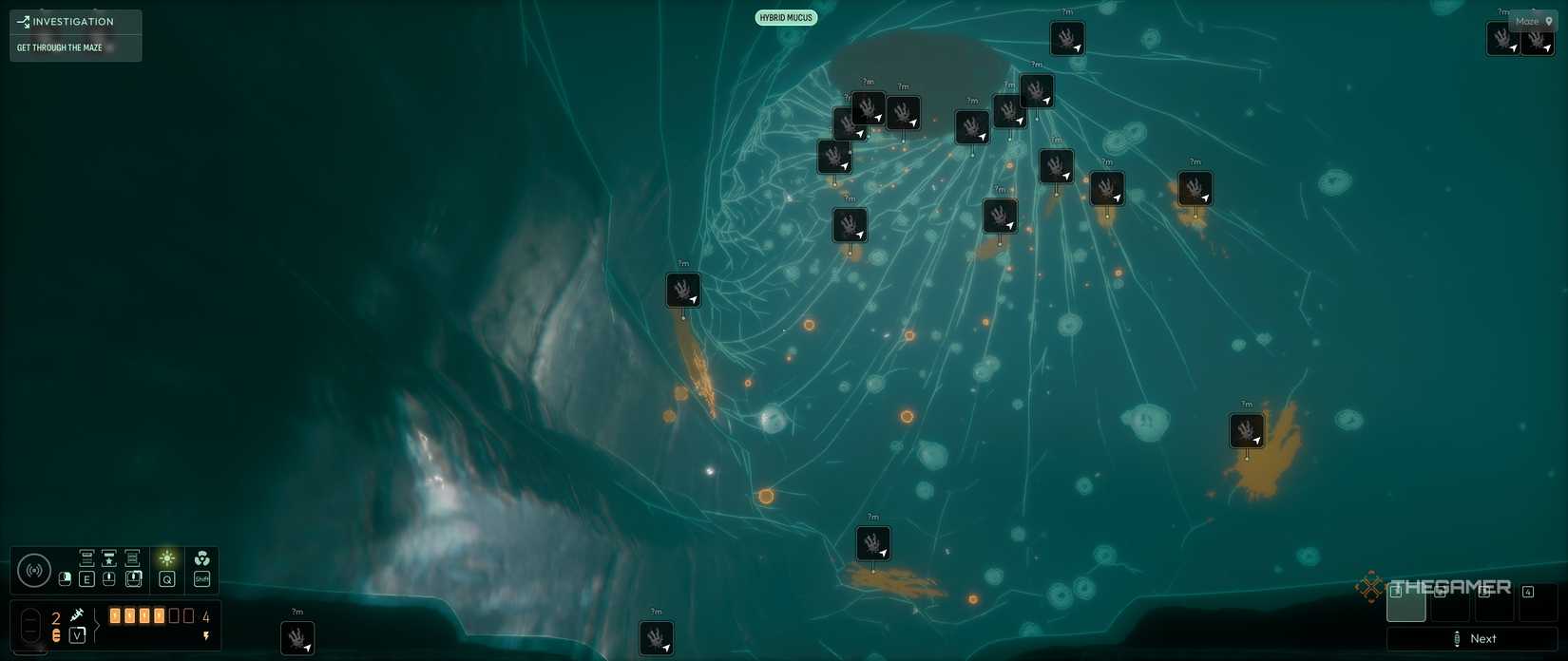 Using the Sonar to reveal a lot of mucus patches in a tunnel filled with a high pressure stream in Cthulhu The Cosmic Abyss.