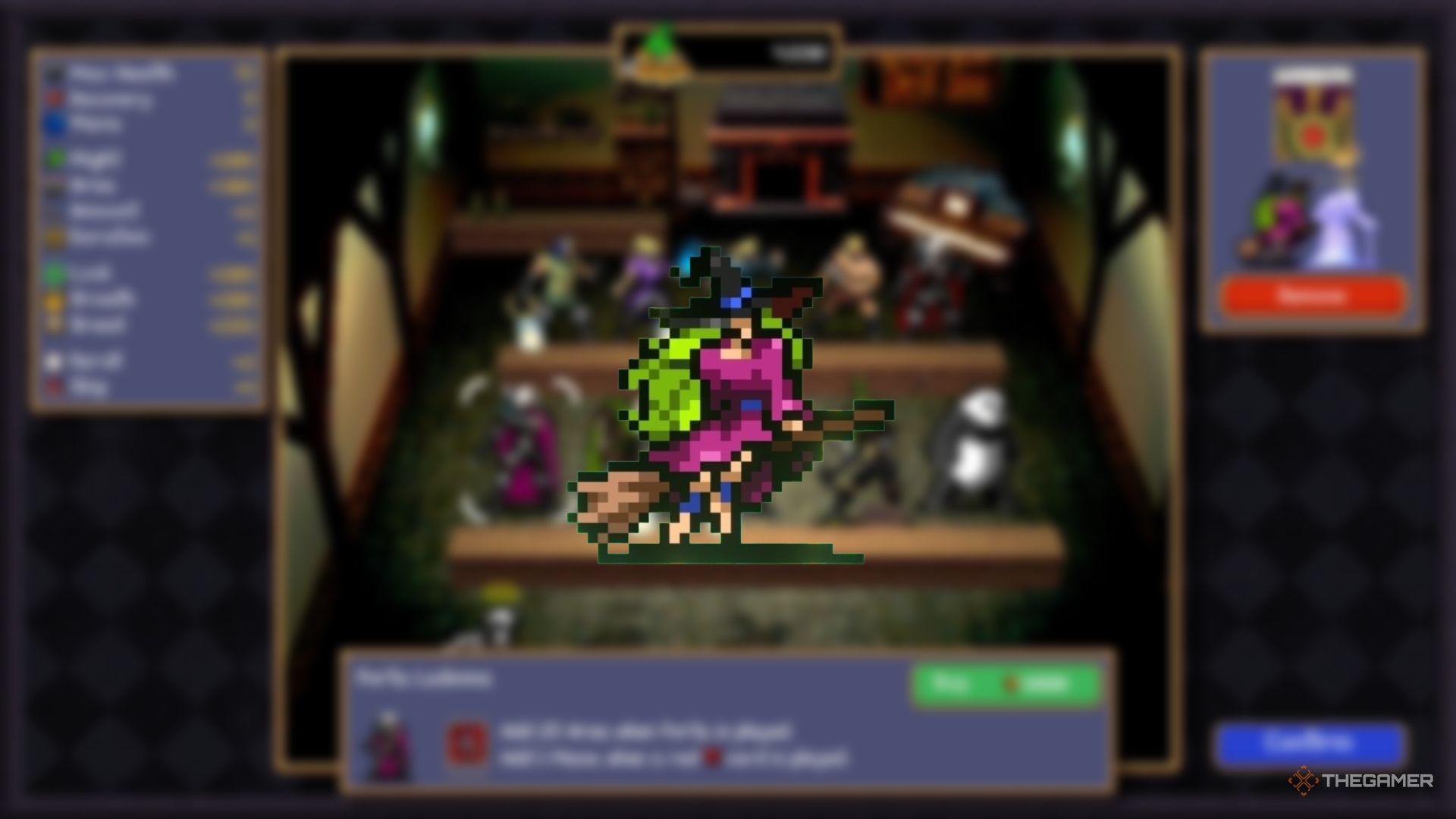 Witch Giovanna above a blurred image with the rest of the characters in Vampire Crawlers.