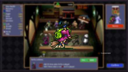 Witch Giovanna above a blurred image with the rest of the characters in Vampire Crawlers.