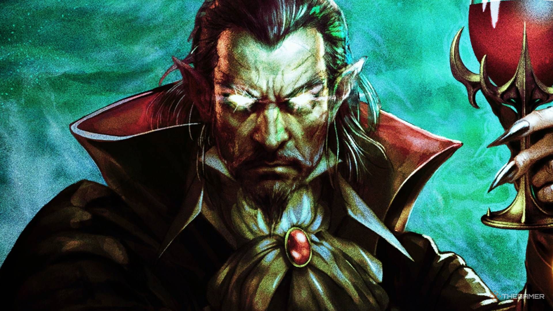 Vampire with glowing eyes holding up a red cup in Vampire Crawlers.