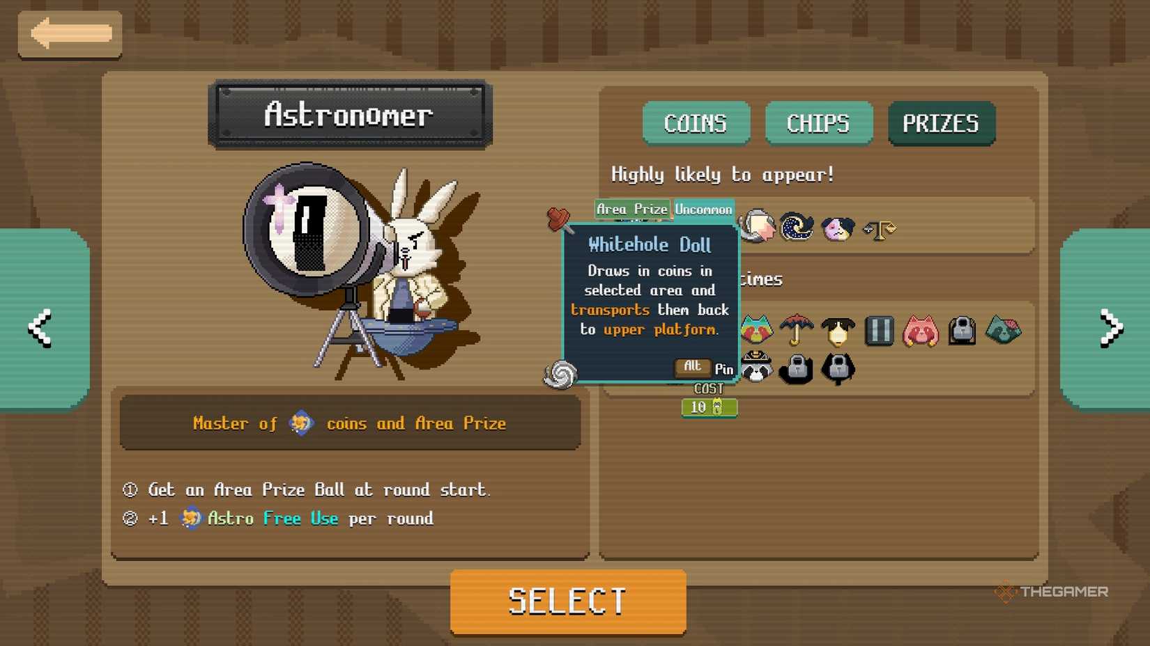 Whitehole Doll highlighted on the Astronomer menu screen in Raccoin Coin Pusher.