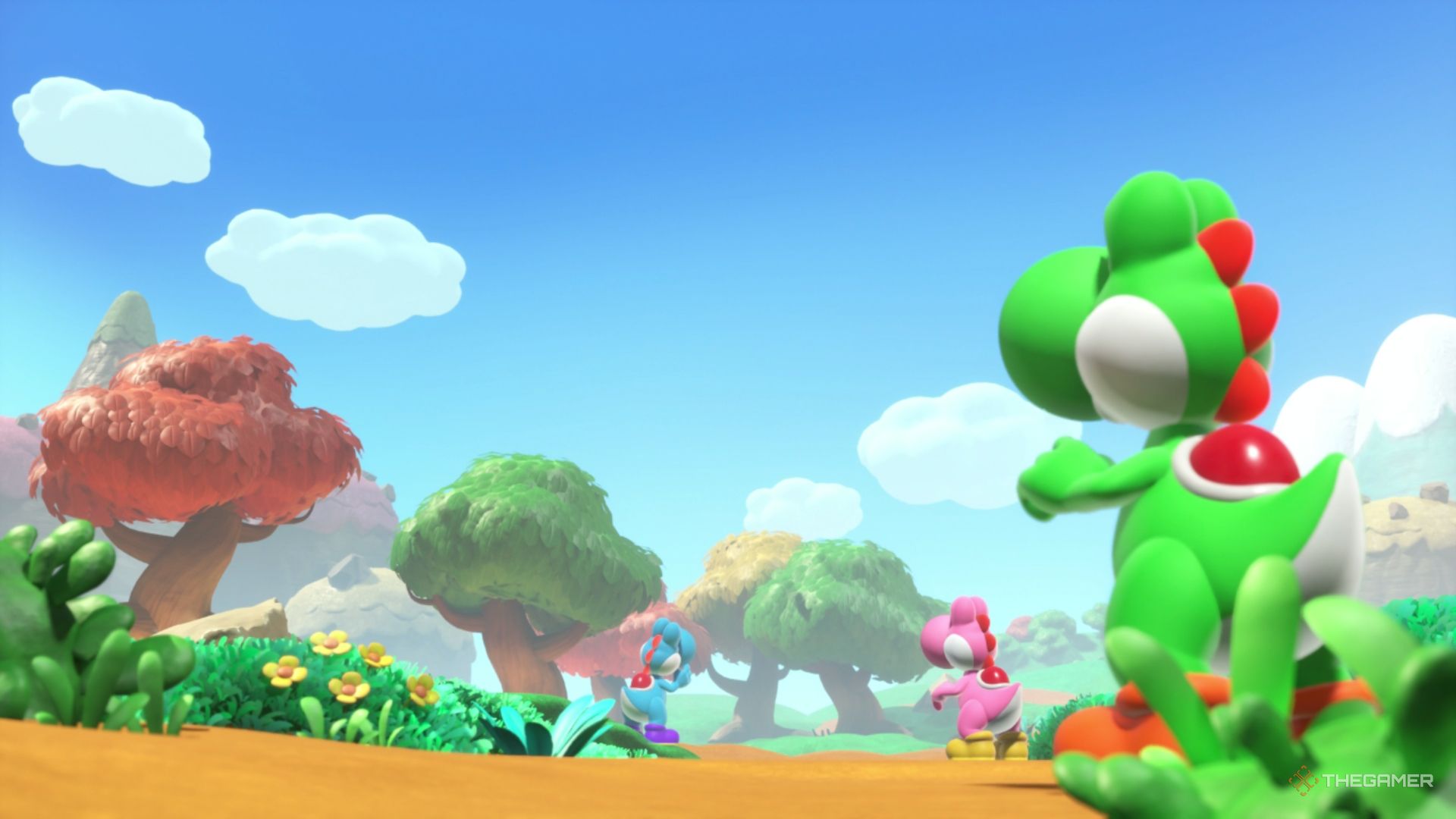 Various Yoshis looking up at the sky in Yoshi and the Mysterious Book.