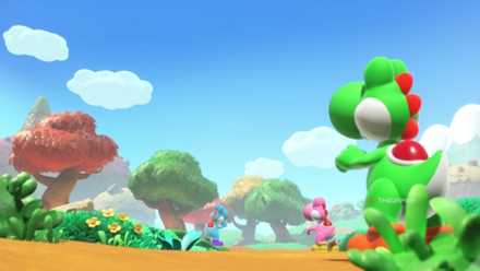 Various Yoshis looking up at the sky in Yoshi and the Mysterious Book.
