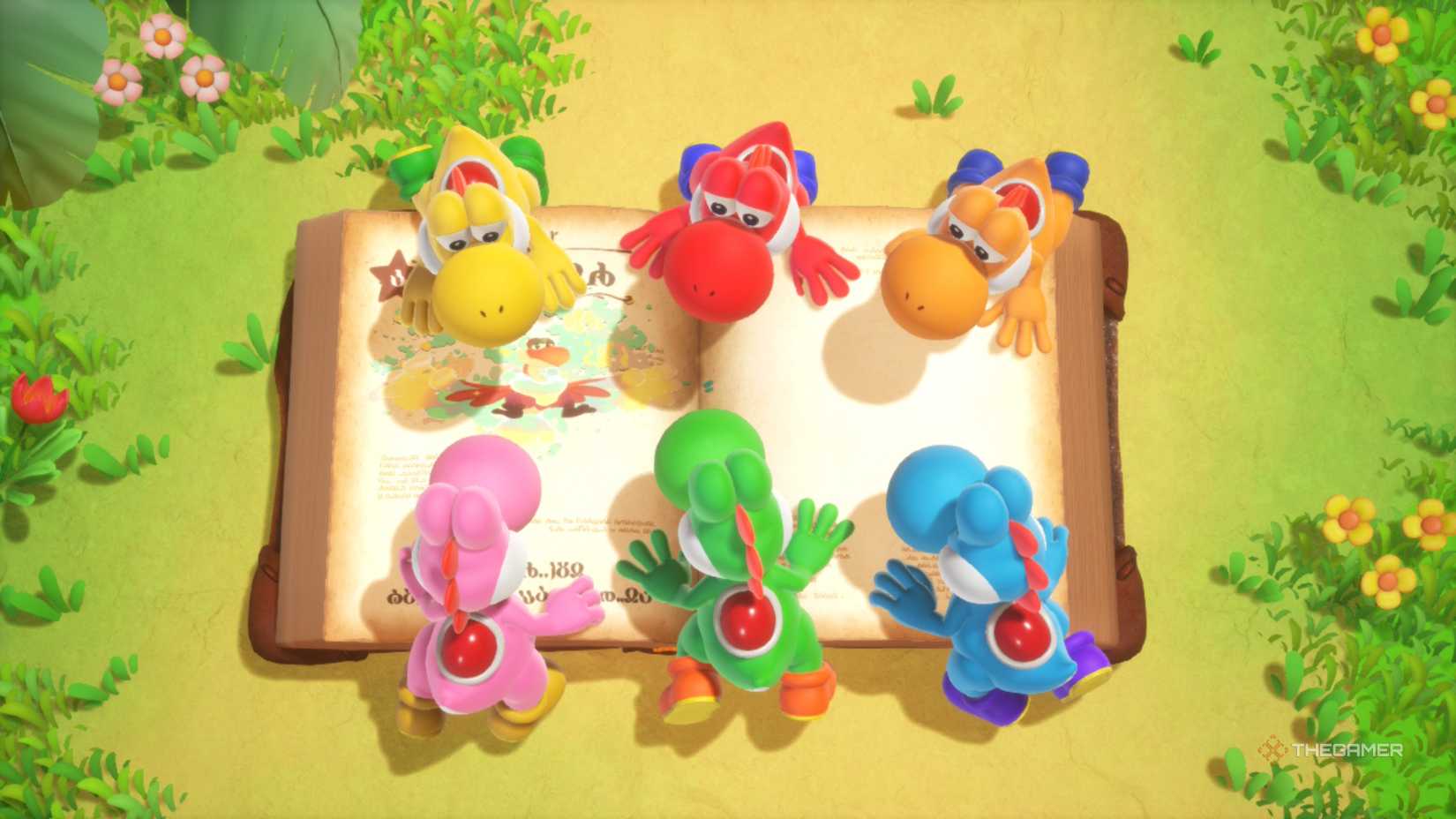 A group of different coloured Yoshi surrounding Mr. E in Yoshi and the Mysterious Book.