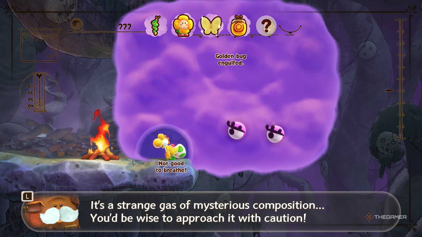 In Yoshi and the Book of Mysteries, Yoshi struggles to breathe while inside Billo.