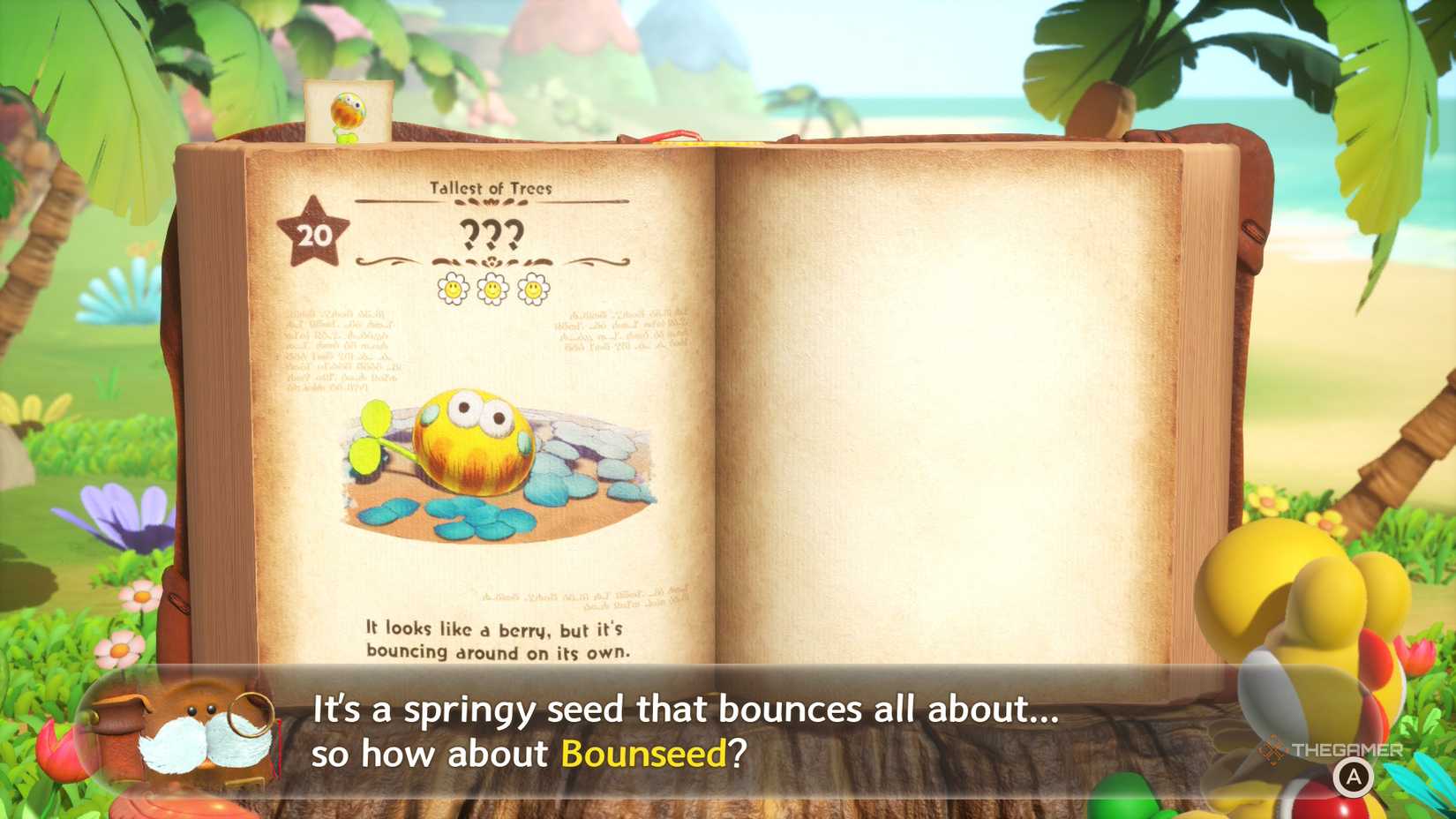 Boundseed creature page from Yoshi and the Mysterious Book.