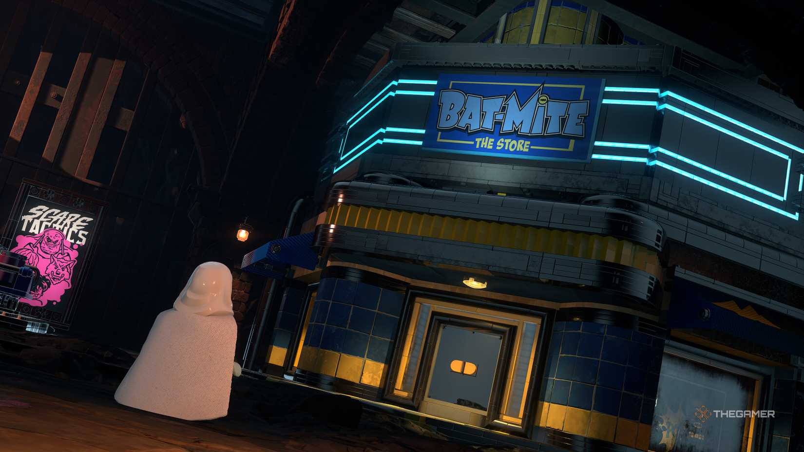 Lego Talia Bat-Mite walking into the store.