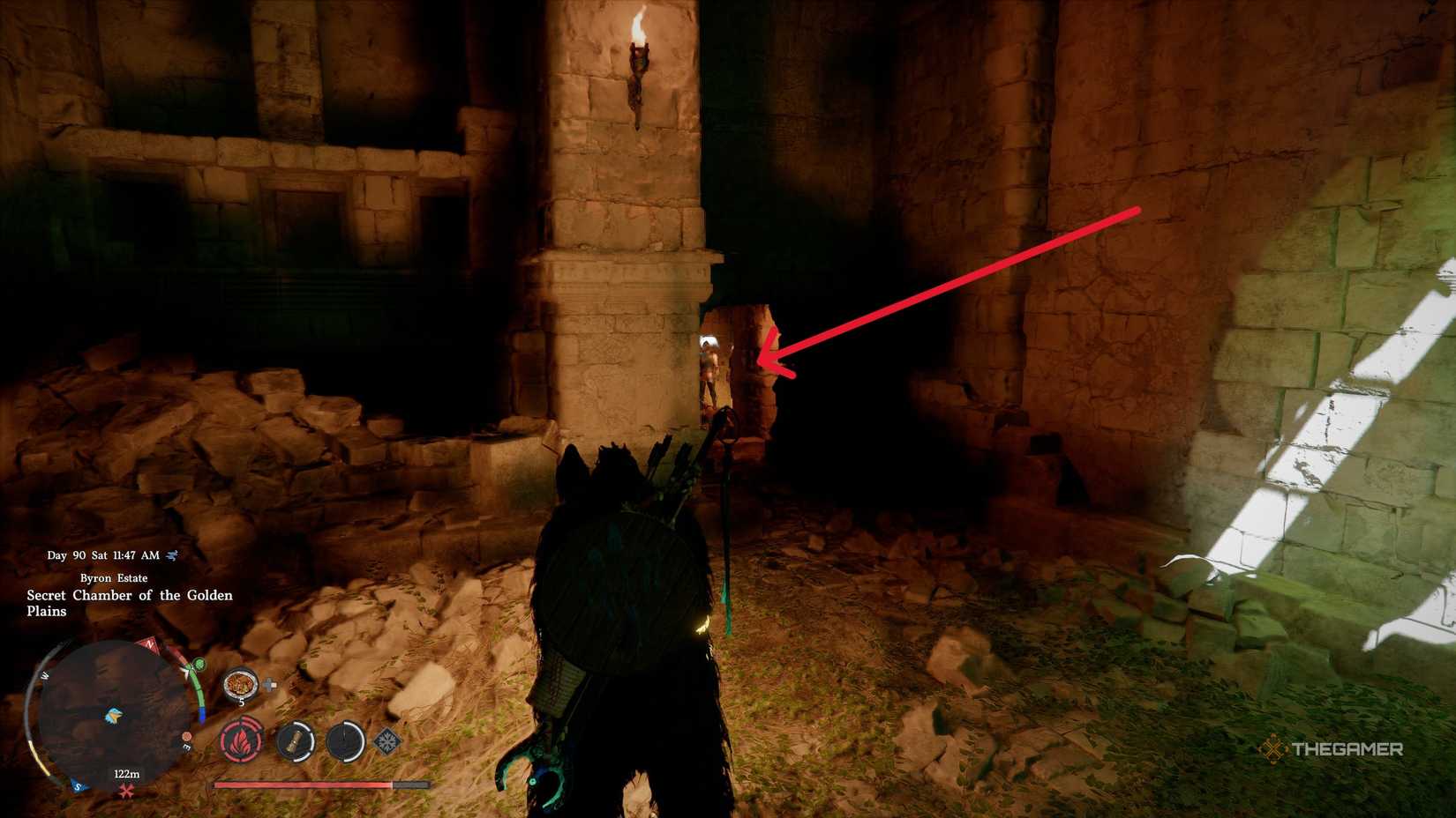 A player solving the Secret Chamber of the Golden Plains puzzle in Crimson Desert.