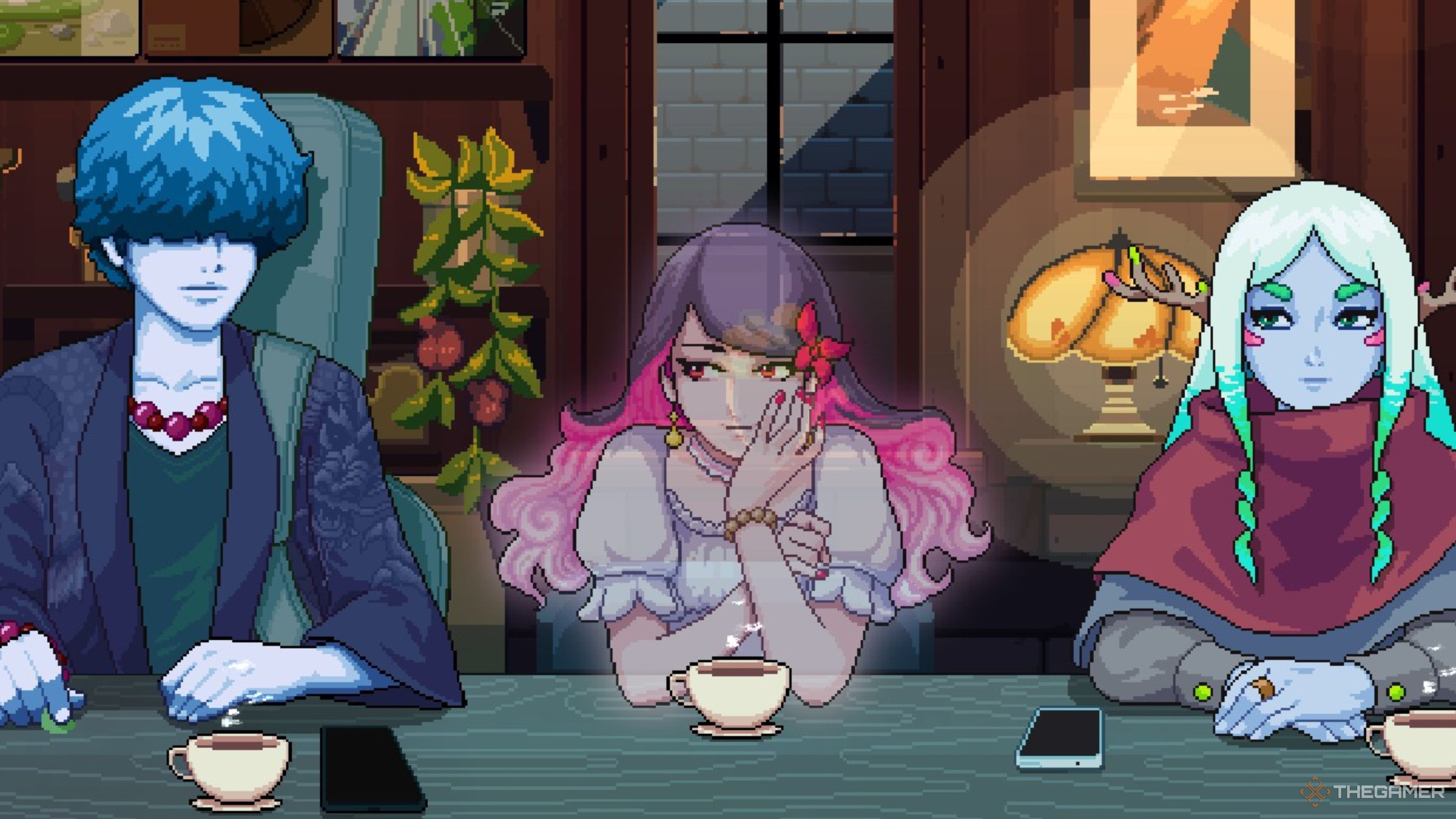 A blue-haired, blue-skinned man, a translucent ghost, and a pale-looking woman sitting at the coffee counter in Coffee Talk Tokyo.