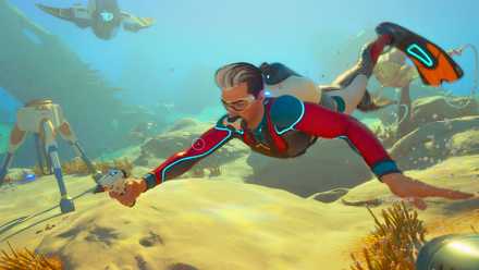 A pioneer swimming with a scanner in Subnautica 2.