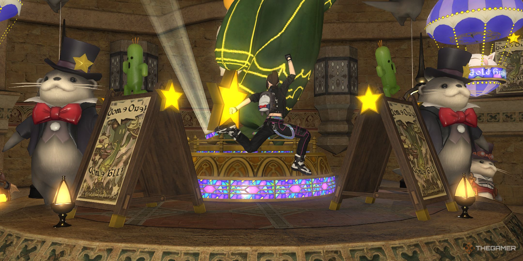 A player jumping for joy with Senor Otter's backpack in Final Fantasy 14.