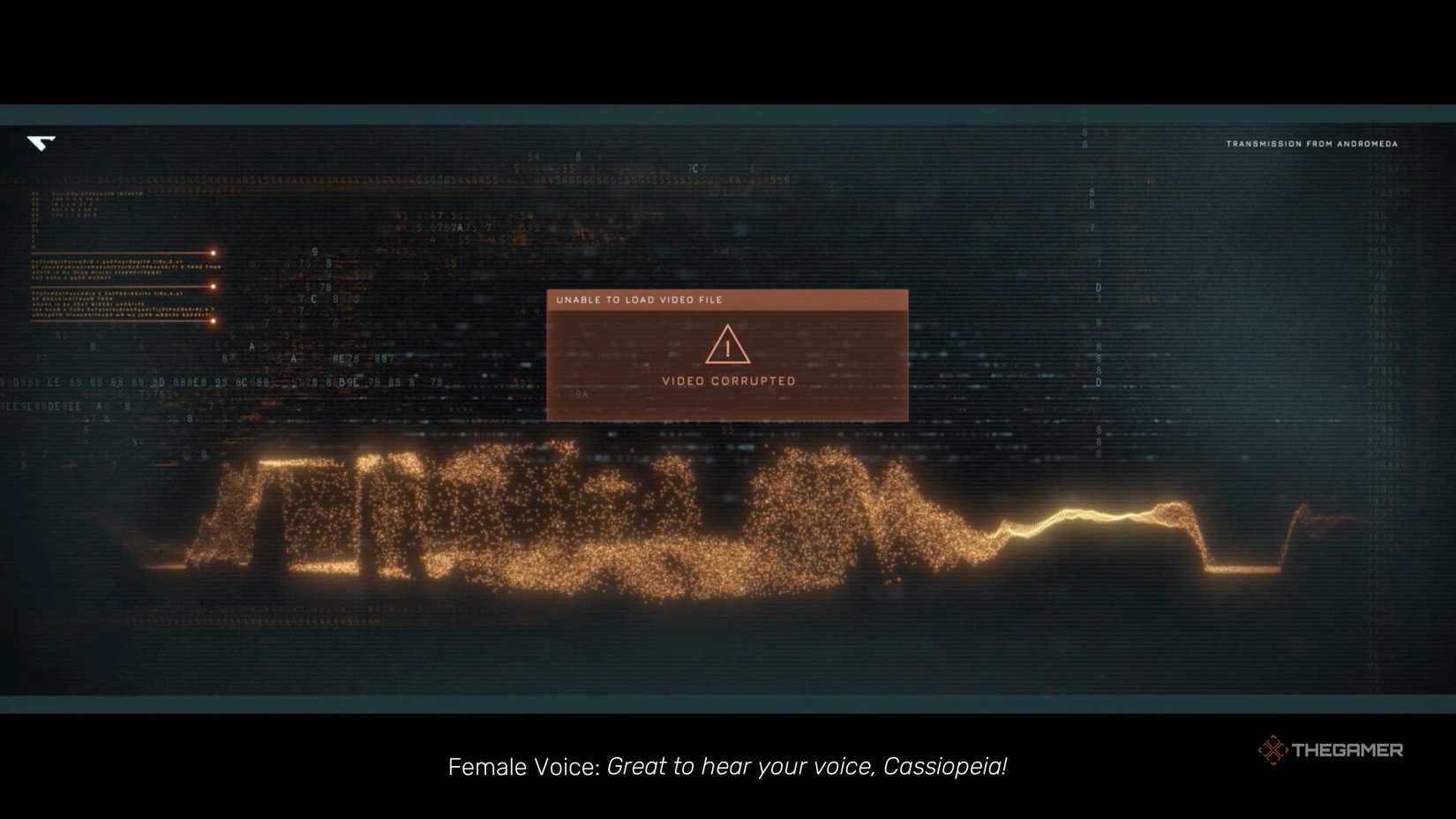 Screenshot of a corrupted video file from Slingshot Simms Recording in The Dark Pictures Anthology Directive 8020.