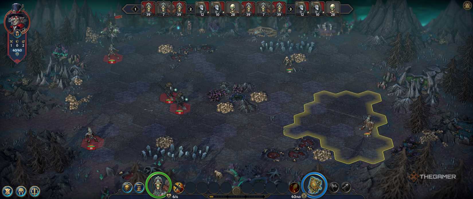An army of four Necropolis units fighting against enemies in Heroes of Might and Magic Olden Era.