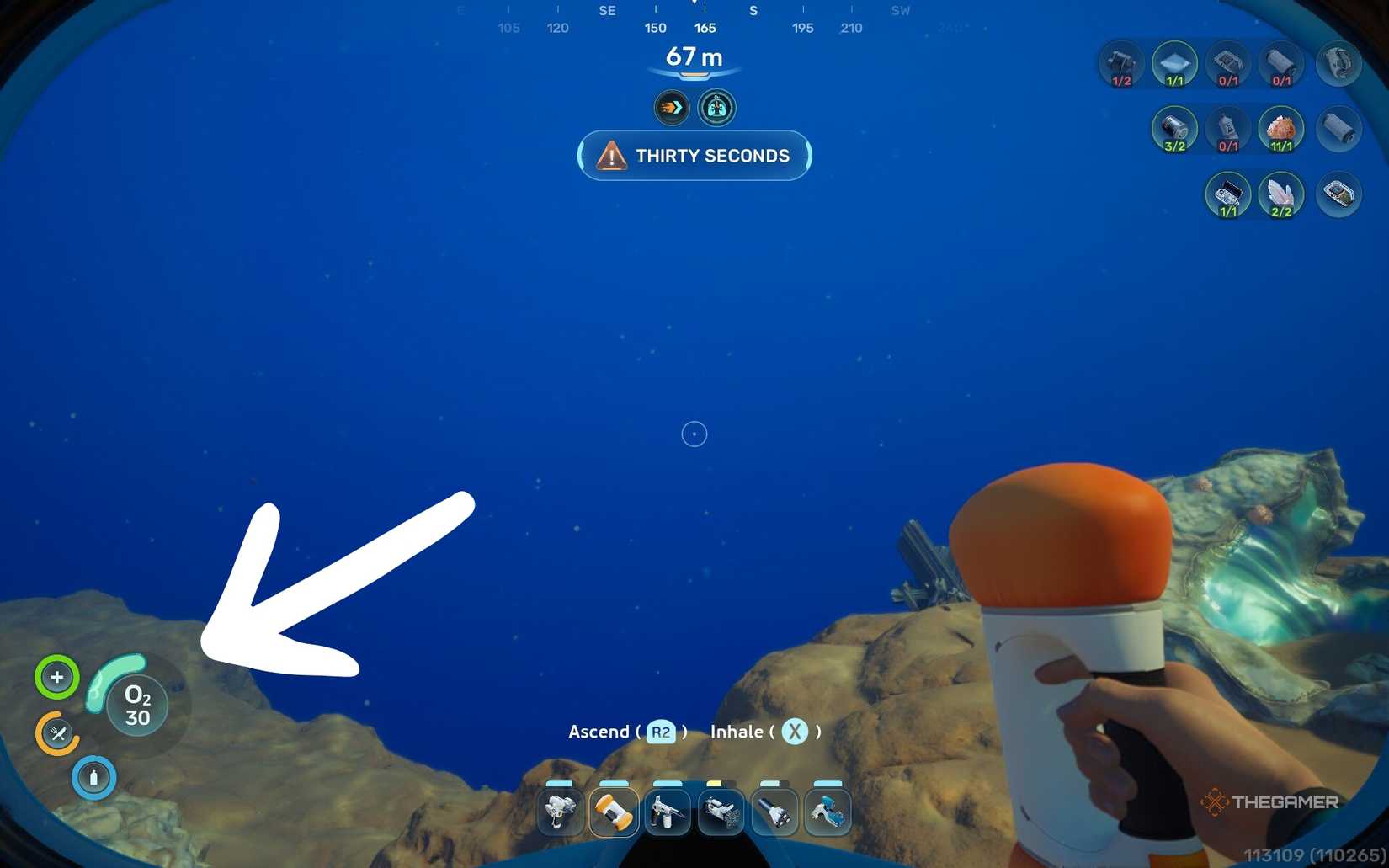 Arrows pointing to base statistics in Subnautica 2.