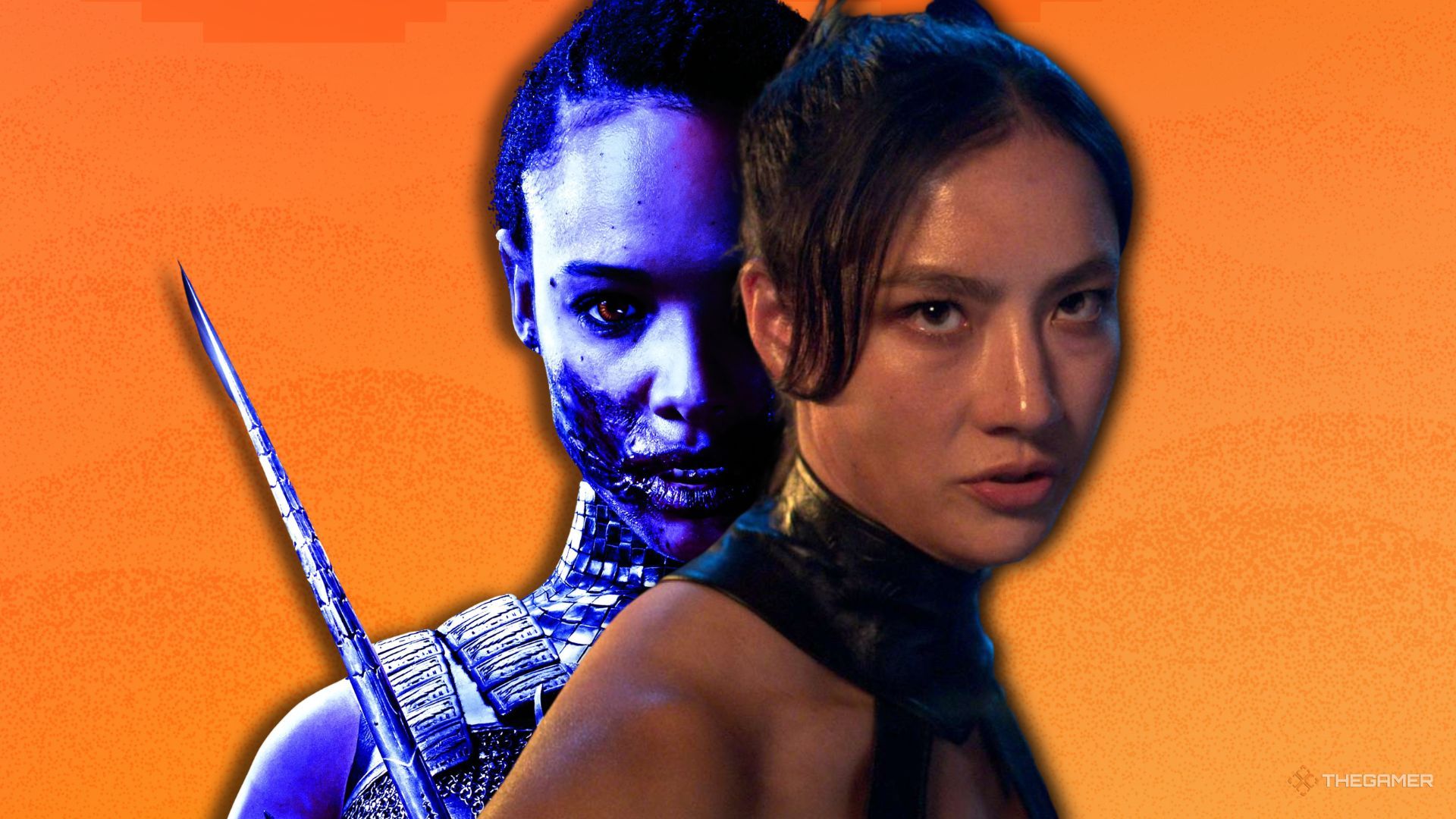 An edit of Mileena from the Mortal Kombat movie, with scars around her mouth. In front of her, we can see Kitana in Mortal Kombat 2. (1)