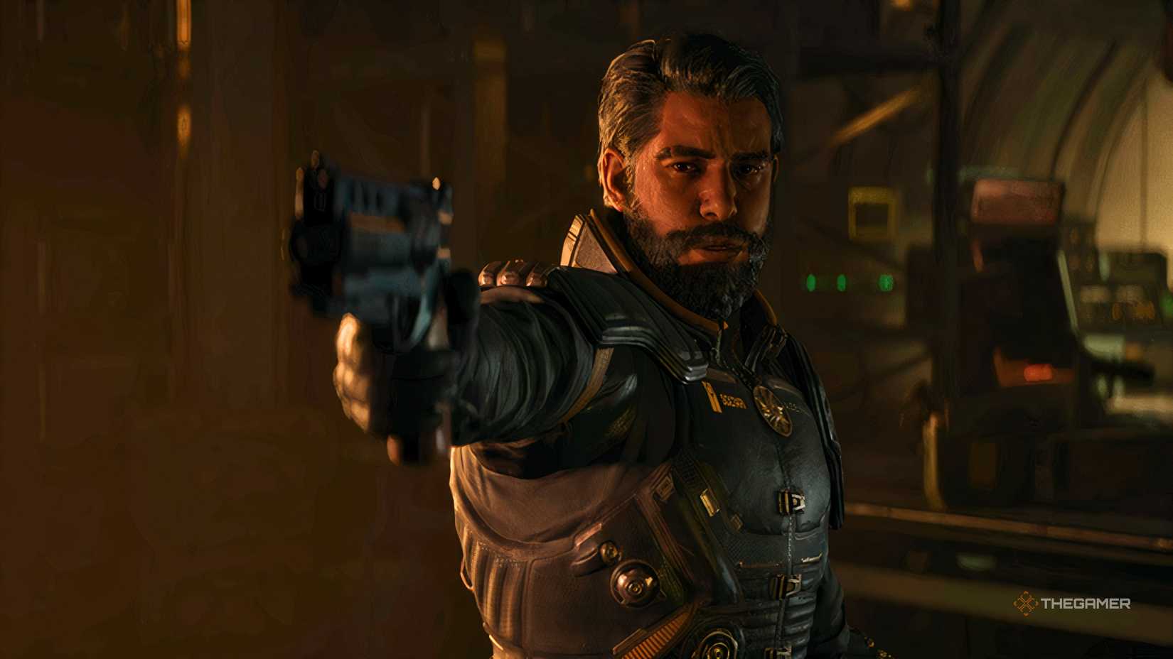 In Saros, Arjun is pointing a gun at someone off-screen.
