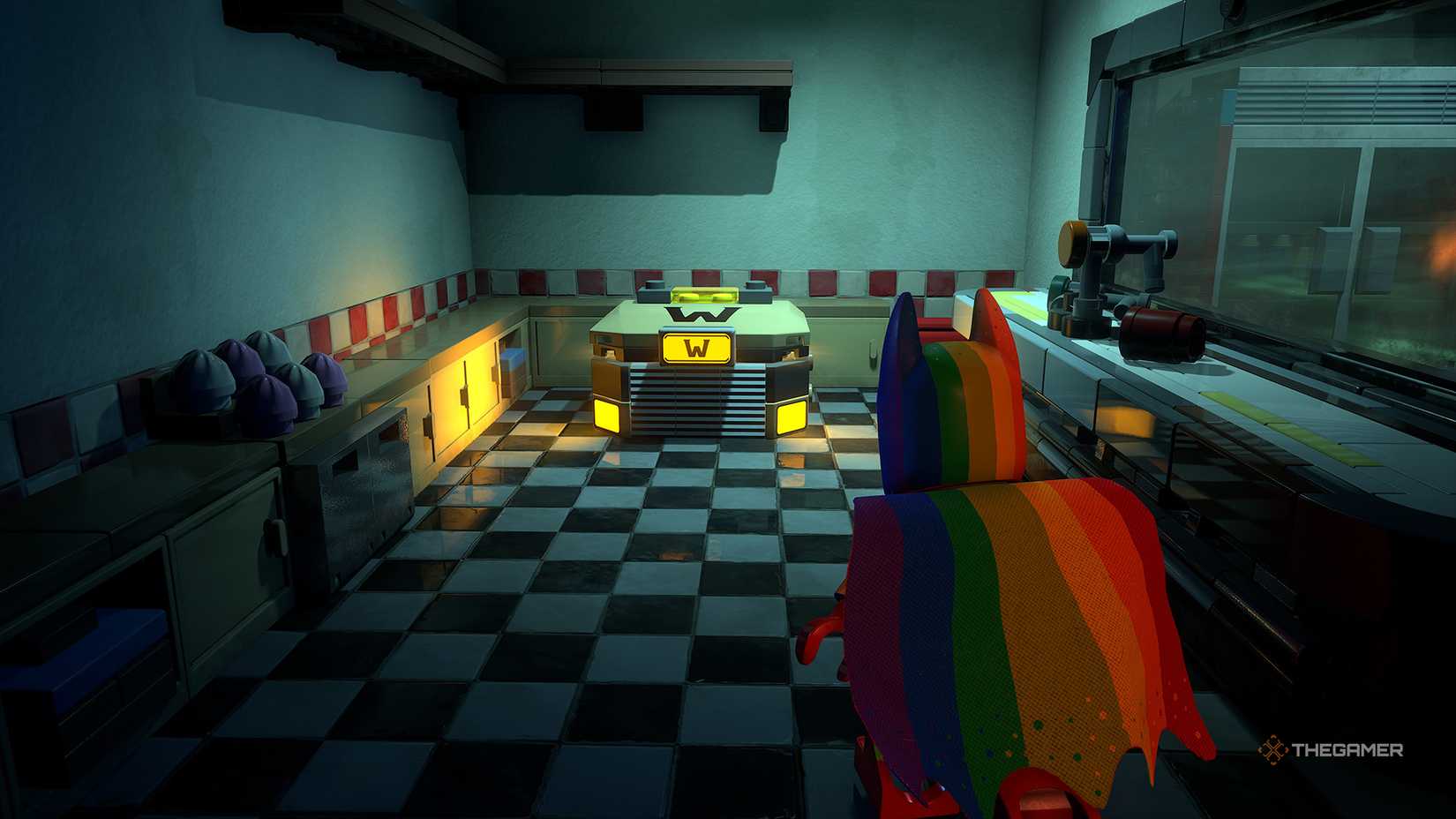 Batman Looking at the WayneTech cache in the storeroom of LEGO Batman Legacy of the Dark Knight.