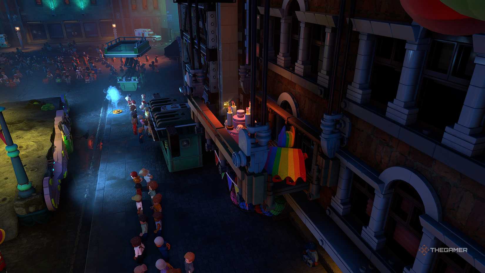Batman on a suspended platform looking at the cake in Lego Batman Legacy of the Dark Knight.