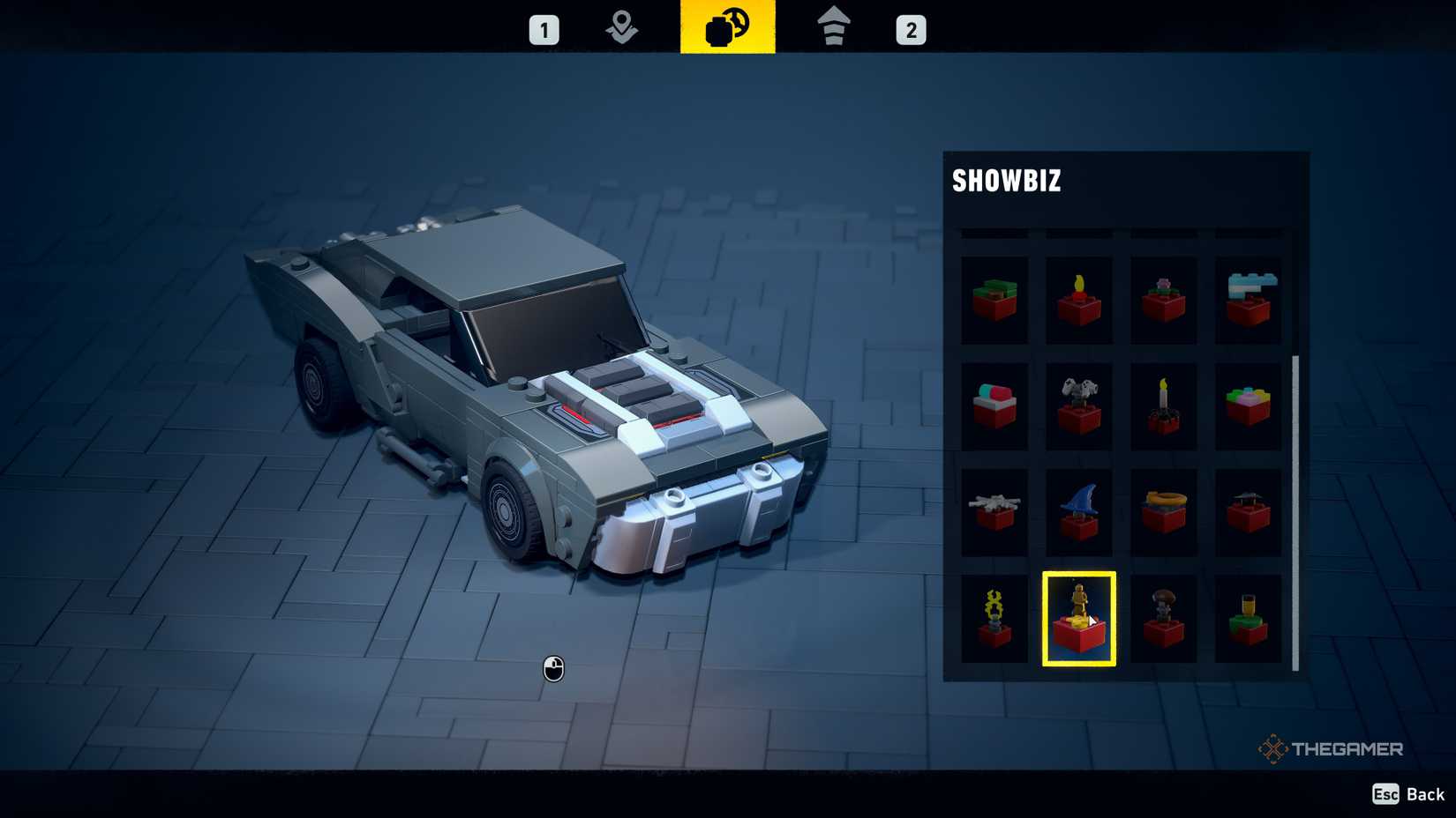 The Batmobile with a showbiz color palette in LEGO Batman Legacy of the Dark Knight.