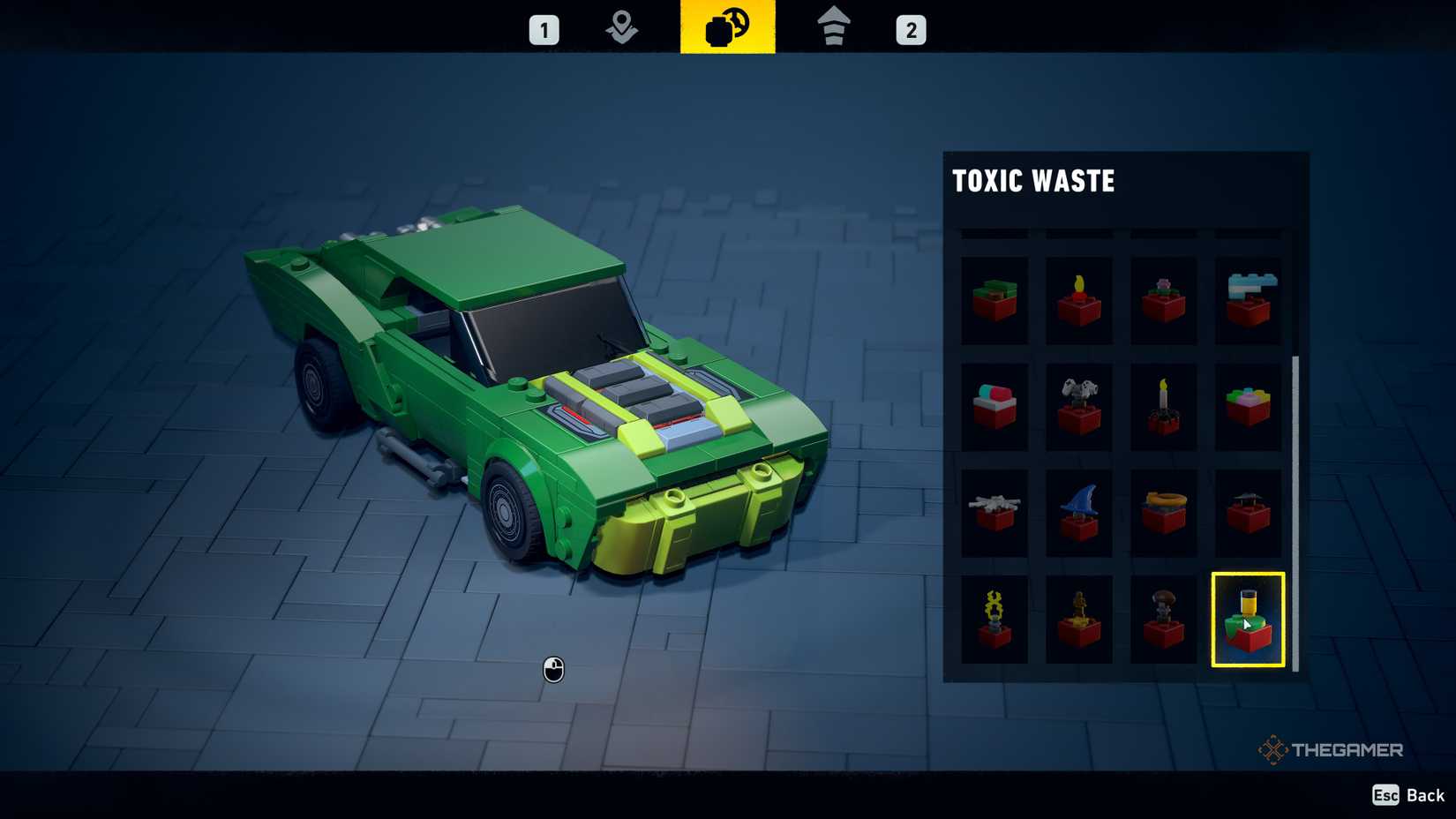 The Batmobile with the Toxic Waste color palette from Lego Batman Legacy of the Dark Knight.